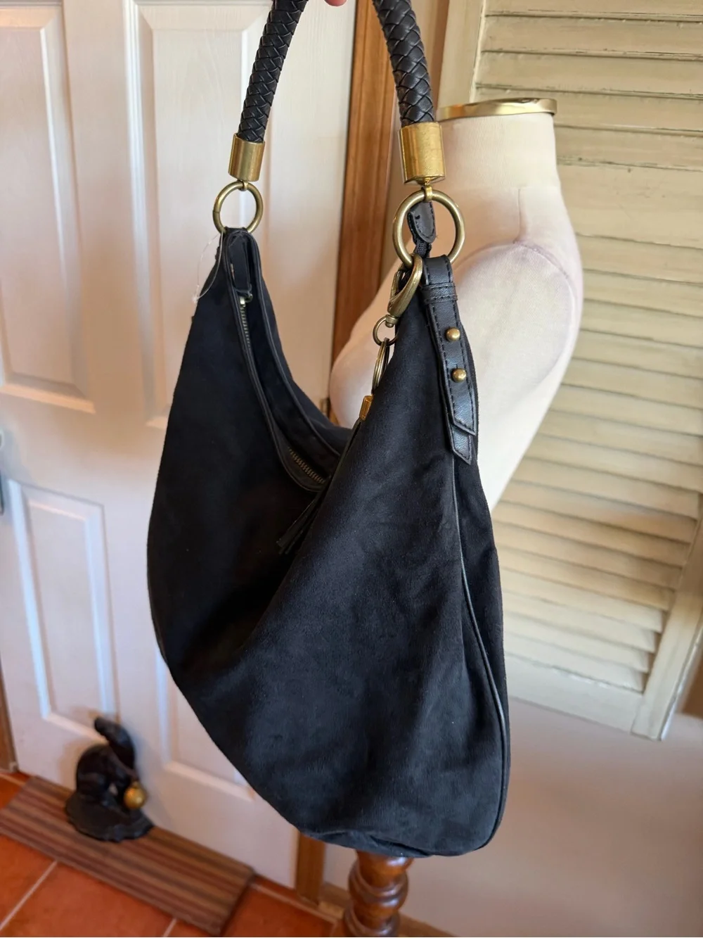 NINE WEST Black Suede Hobo Handbag with Tassel Accent ALL MAN MADE MATERIALS
